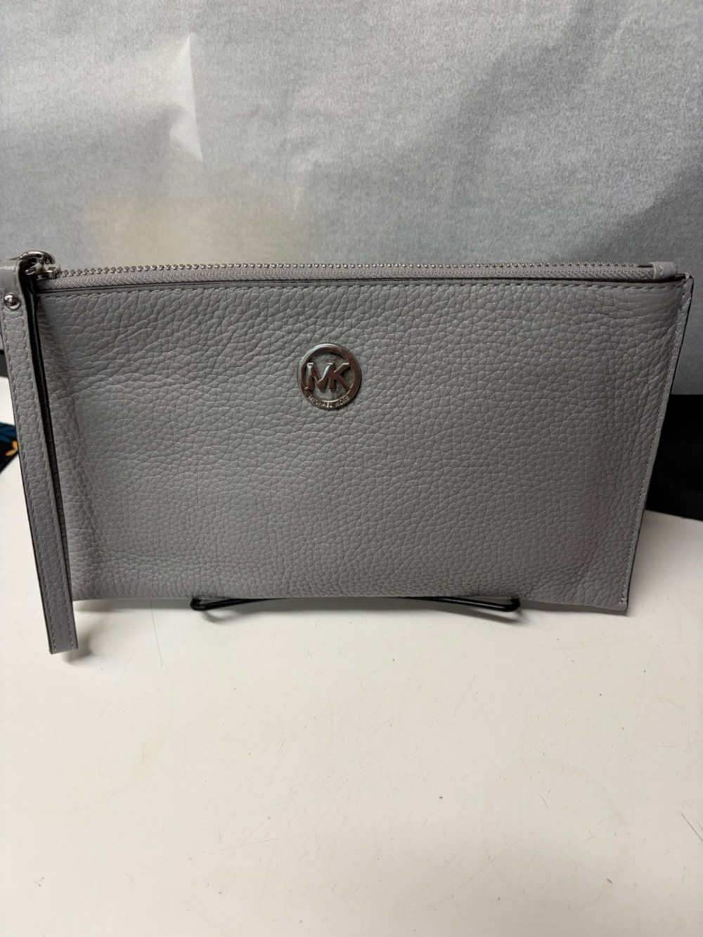 Michael Kors Pebbled Leather Wristlet Clutch in Gray with Silver Logo